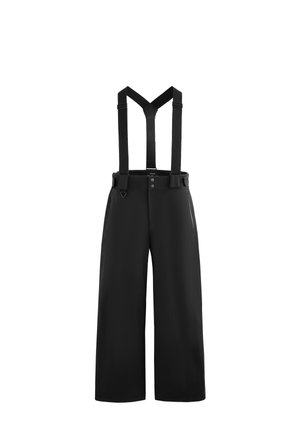 Crne vodootporne hlače sa širokim nogavicama, podesivim naramenicama, prednjim zatvaračima i zatvaranjem na gumb. Glatka tekstura, funkcionalan dizajn.