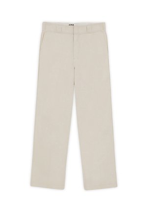 Beige wide-leg pants with a smooth texture, featuring belt loops, two front pockets, and a zip fly closure. Minimalist design.
