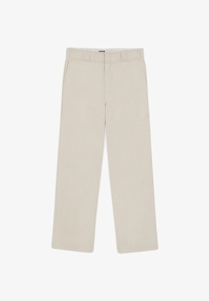 Beige wide-leg pants with a smooth texture, featuring belt loops, two front pockets, and a zip fly closure. Minimalist design.