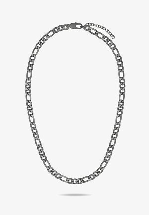 Metalen ketting van zilverkleurig metaal, voorzien van grote, in elkaar grijpende schakels met een gladde textuur en een sluiting.