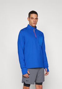 Blå langærmet pullover med lynlås krave, med en frontlomme og tommelhuller. Kombination med grå shorts. Glat, let materiale.