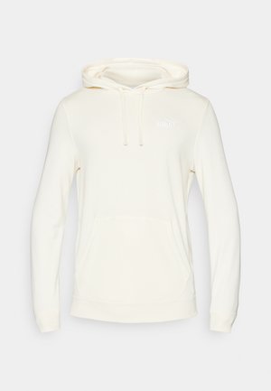 Sudadera color crema hecha de tela suave, con un bolsillo tipo canguro, mangas largas y un logotipo blanco en el pecho.