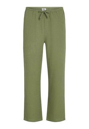 Pantalons de détente légers en olive, avec une taille élastique, un cordon de serrage et un tissu doux et texturé. Design à jambes droites sans embellissements.