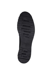 Schwarze Gummisohle mit einem strukturierten Profilmuster für verbesserten Grip und Haltbarkeit, mit leicht erhöhtem Absatz und abgerundeter Spitze.