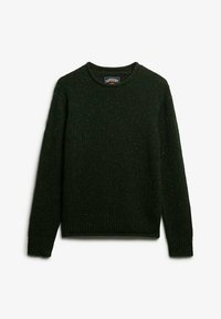 Suéter de punto texturizado verde con cuello redondo, mangas largas y dobladillo acanalado. Presenta motas multicolores a lo largo de la tela.