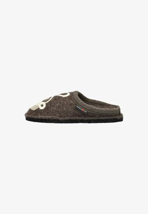Gray felt slipper with a rounded toe, white floral design, and black textured sole. Features soft interior lining and a small brand tag.