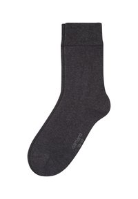 Dunkelgraue Baumwollsocke mit einem gerippten Bündchen, glatter Oberfläche und einer abgerundeten Spitze. Verfügt über ein dezentes Logo in der Nähe der Fußspitze.