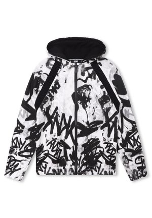 Weißer Kapuzenpullover mit Reißverschluss, schwarzgraue Graffiti-ähnliche abstrakte Muster und schwarzes Innenfutter der Kapuze, mit DKNY-Logo am Kragen.