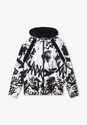 Hvid hoodie med lynlås og sorte graffiti-inspirerede abstrakte mønstre samt sort hætteindvendigt, med DKNY-logo på kraven.