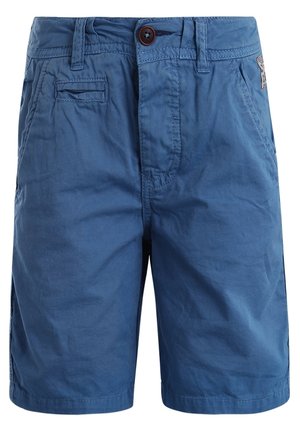 Blå, knælange afslappede shorts med bæltestropper, forreste knap, lynlåslukning og sidelommer.