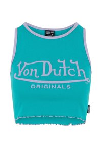 Turkio spalvos sutrumpintas maudymosi trikotažas, pagamintas iš vielos audinio su alyvmedžių apdaila. Yra baltas "Von Dutch" logotipas ir tekstas "ORIGINALS". Banguota apatinė kraštinė.
