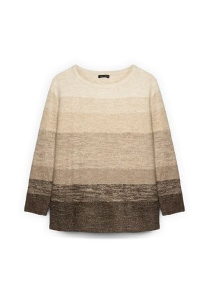Beige og brunstribet sweater med rund halsudskæring og lange ærmer. Blød tekstur med et gradient design fra lyse til mørke nuancer.