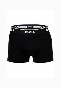 Boxeri negri din bumbac, cu un elastic lat de culoare albă pe care este inscripționat „BOSS”, expuși pe un fundal alb simplu.