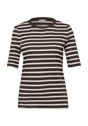 Bruin-wit horizontaal gestreept T-shirt met korte mouwen en een ronde hals, voorzien van een aansluitende pasvorm.