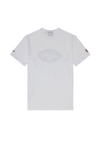 Camiseta de algodón blanca con un logotipo circular descolorido de los New York Jets en el frente y un pequeño emblema de la NFL en la manga izquierda.