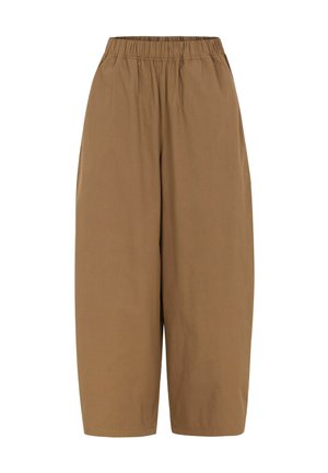 Széles szárú, rövidített barna nadrág elasztikus derékpánttal és sima, egyszínű anyagtextúrával, laza illeszkedésre tervezve.