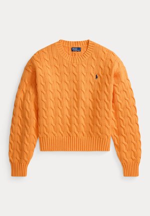 Oranžen pulover iz pletenega jopiča z rebrastim izrezom in spodnjim robom. Na levi prsih ima majhno logotipno značko. Izdelan iz teksturiranega pletenega materiala.