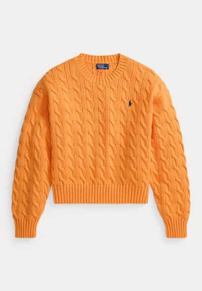 Πορτοκαλί πουλόβερ με πλέξη καλωδίου, με ριγωτό λαιμόκομμα και τελείωμα. Διαθέτει μικρό ταμπελάκι με λογότυπο στο αριστερό στήθος. Κατασκευασμένο από υλικό με υφή πλέξης.