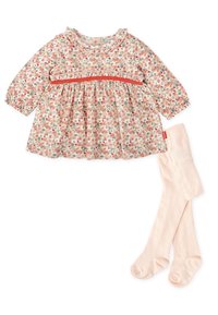 Robe florale avec un col froncé et un buste plissé dans des couleurs pastel, accompagnée de collants rose clair.