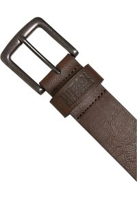 Brown leather belt with a textured finish, featuring a rectangular metallic buckle and embossed branding on the leather keeper.