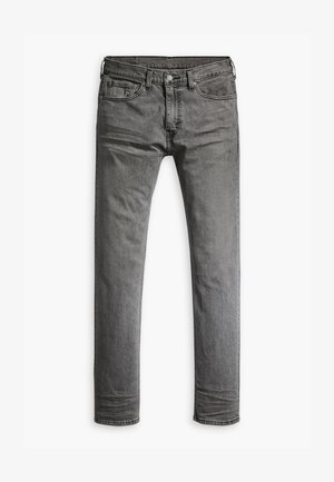 Jeans en denim gris avec une coupe droite, cinq poches et une fermeture à bouton classique. Présente un léger décoloration et une texture lisse.