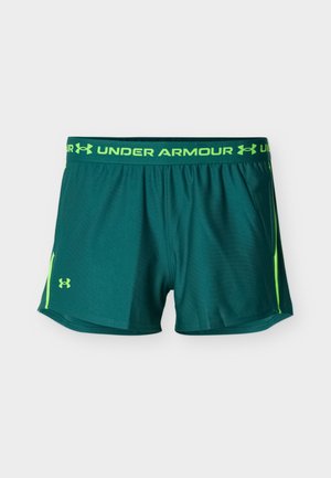 Dark green athletic shorts with neon green Under Armour logo and waistband text, featuring neon side stripes on white background.