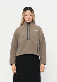 Fleece-pullover i beige med høy krage, halv-glidelås foran og to sidelommer; har kontrastfargede svarte glidelåser og logo.