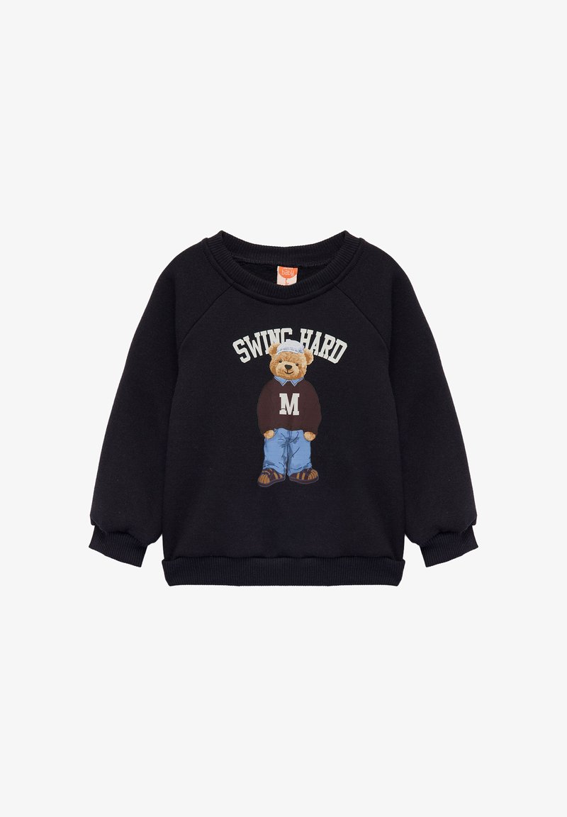Schwarzer Sweatshirt mit langen Ärmeln. Mit einem Bärenmotiv in einem Pullover, darüber steht der Text "SWING HARD". Weicher Stoff, gerippte Bündchen.