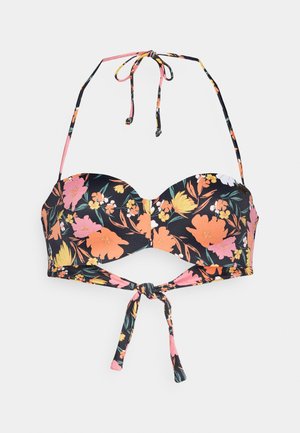 Haut de bikini noir à fleurs avec des fleurs vibrantes oranges et roses, lien autour du cou, et un détail en nœud au centre pour un ajustement personnalisable.