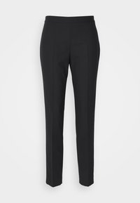 Black trousers with a straight leg design. Made from smooth material, featuring a flat waistband and subtle front creases. No visible hardware.