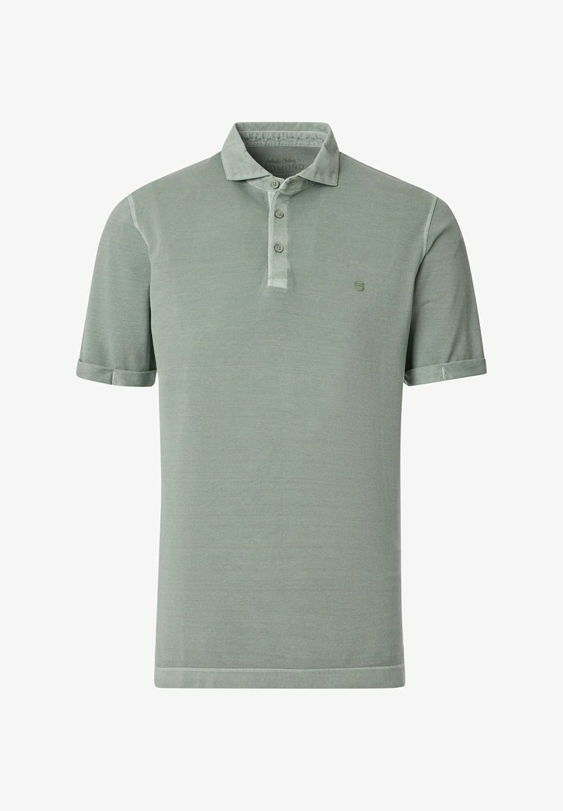 Light green short-sleeve polo shirt made from soft fabric features a collar and three-button placket with a subtle logo on the chest.