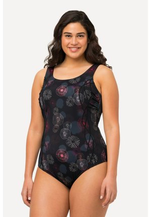Costume da bagno intero nero con motivi floreali e geometrici colorati, spalline larghe e dettagli arricciati sui lati. Tessuto con texture liscia.