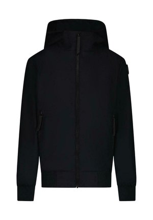 Zwarte hoodie met volledige ritssluiting. Voorzien van ritszakken aan de zijkanten en geribde manchetten. Gemaakt van een glad, lichtgewicht materiaal.