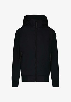 Zwarte hoodie met volledige ritssluiting. Voorzien van ritszakken aan de zijkanten en geribde manchetten. Gemaakt van een glad, lichtgewicht materiaal.