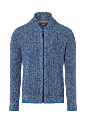 Blue knitted cardigan with a textured pattern, high collar, and zip closure. Features contrasting blue accents at the cuffs and hem.