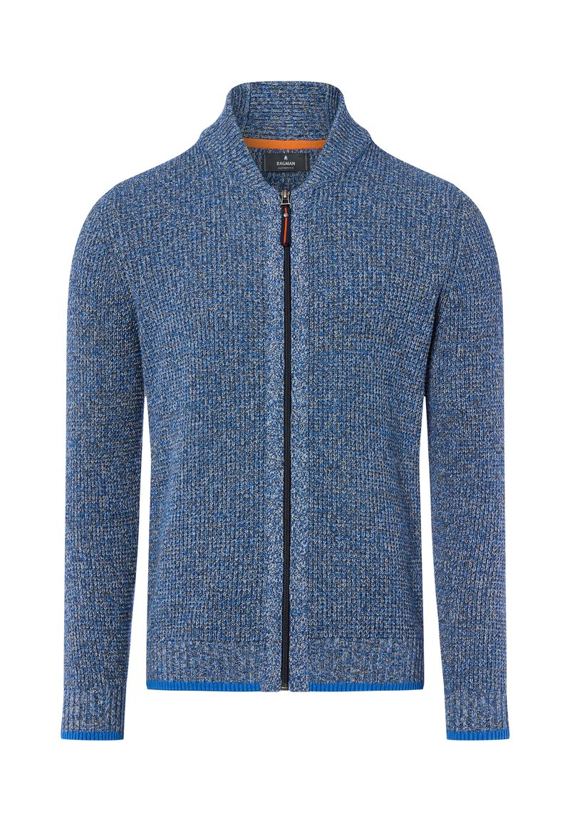 Blaue Strickjacke mit einem strukturierten Muster, hohem Kragen und Reißverschluss. Verfügt über kontrastierende blaue Akzente an den Manschetten und dem Saum.