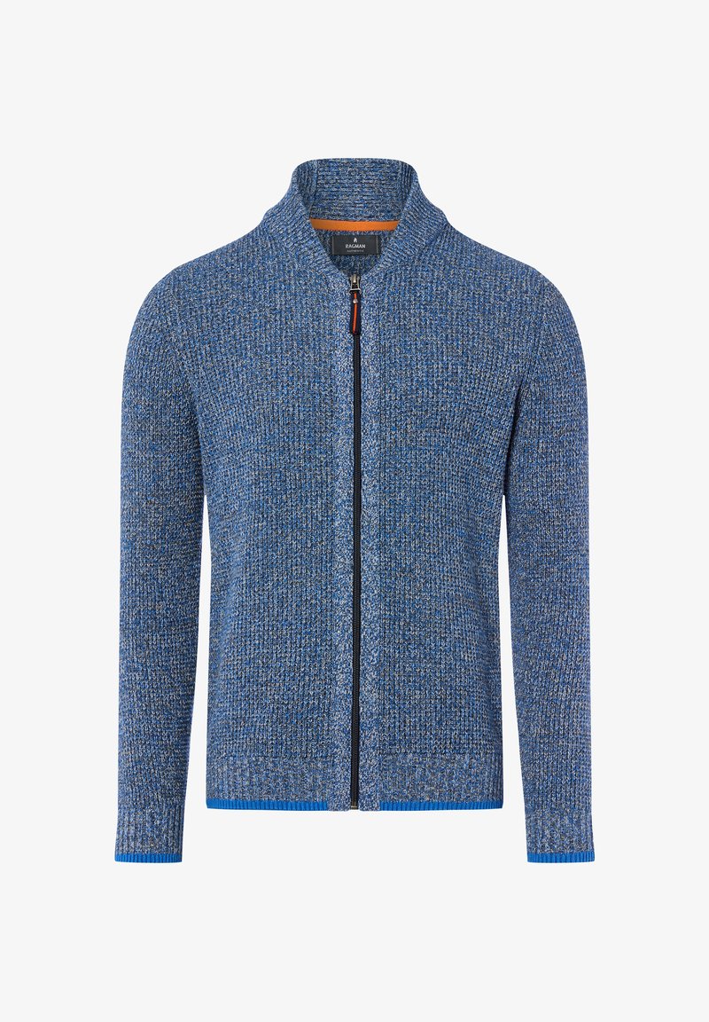 Blue knitted cardigan with a textured pattern, high collar, and zip closure. Features contrasting blue accents at the cuffs and hem.
