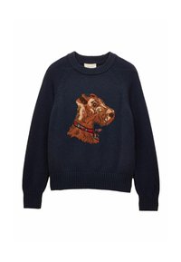 Tumedat kootud sviitrid, millel on pruuni tooni tikitud koera pea ja ruuduline krae. Ribaga kaelus ja ääred. Pehme tekstuur.