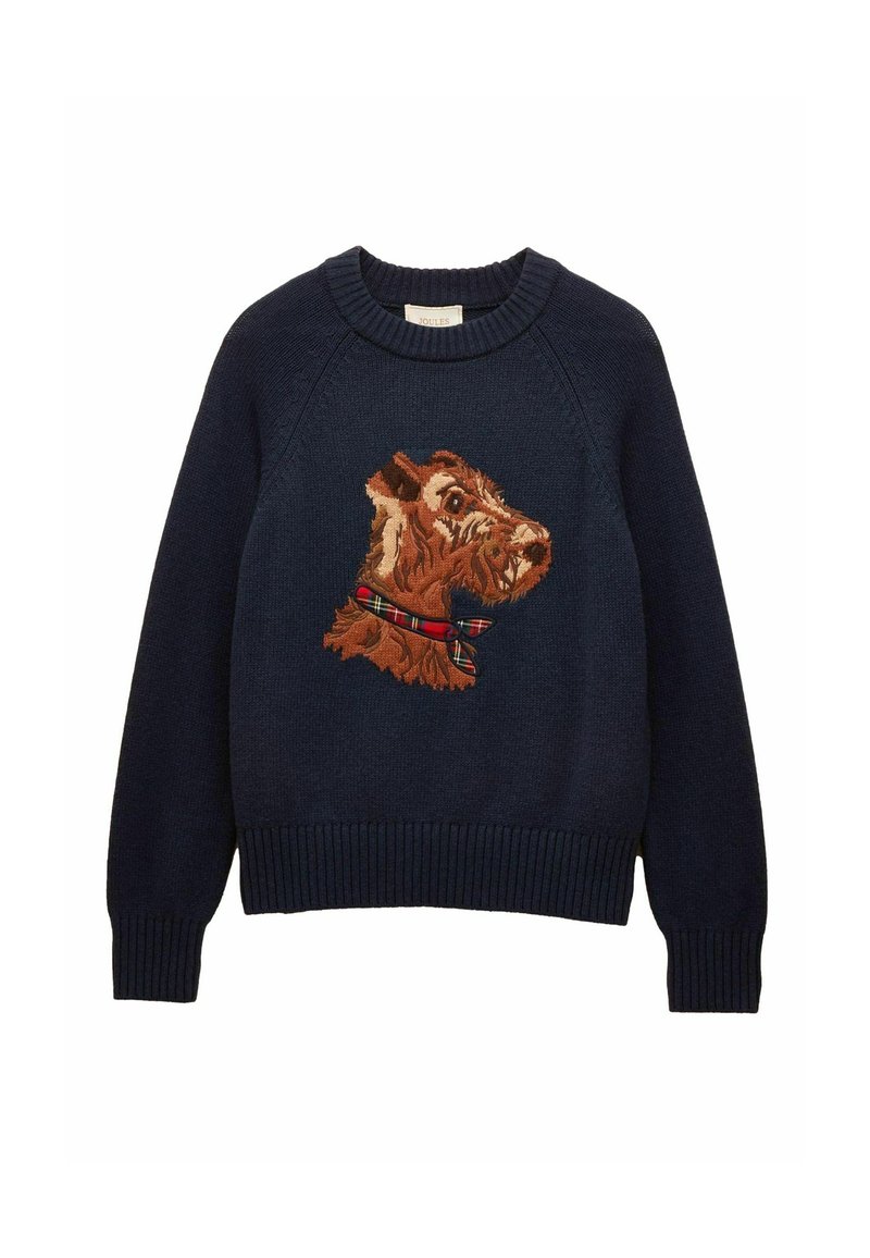 Tumedat kootud sviitrid, millel on pruuni tooni tikitud koera pea ja ruuduline krae. Ribaga kaelus ja ääred. Pehme tekstuur.