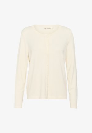 Kreem värvi, pika varrukaga kardigan, mis on valmistatud pehmest materjalist. Kardiganil on ümmargune kaelus, täiskinnitatud nööpide rida ning ribidega mansetid ja alläär.