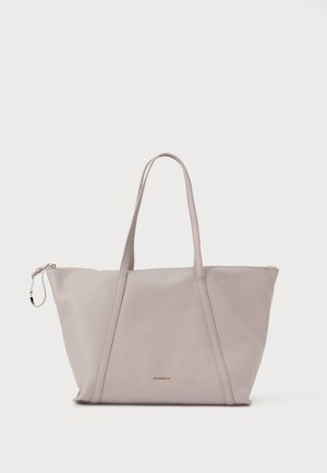 Borsa tote in pelle grigio chiaro con due manici, chiusura a zip, superficie strutturata e dettaglio logo dorato sul davanti.