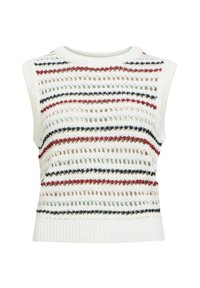 Haut sans manches en tricot blanc avec des rayures horizontales multicolores en rouge, bleu marine et beige. Présente un tissage ajouré et un ourlet côtelé.