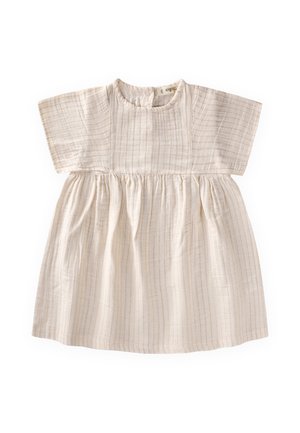 Baby-Kleid in Cremefarben mit kurzen Ärmeln, gerafftem Rock und dezentem vertikalem Streifenmuster.