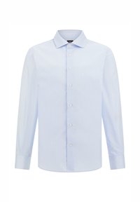 Camisa de vestir de rayas azul claro con mangas largas, cuello clásico y cierre frontal con botones. Elaborada con una tela suave que tiene un ligero brillo.