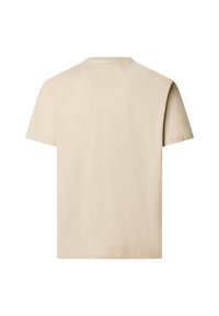 T-shirt beige à manches courtes vu de dos avec un design simple et des coutures visibles près de l'encolure et de l'ourlet.