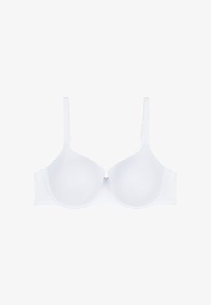 Biały, wyściełany biustonosz z regulowanymi ramiączkami, gładką tkaniną, wsparciem w postaci fiszbin i zapięciem na haftkę z tyłu. Brak dodatkowych wzorów lub akcentów.