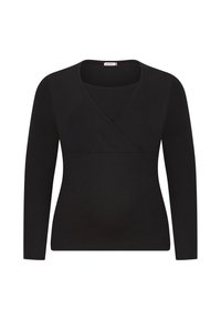 Schwarzes langärmliges Oberteil mit V-Ausschnitt und Wickeldesign. Hergestellt aus weichem, dehnbarem Stoff; glatte Textur mit minimalen Nähten und Details.