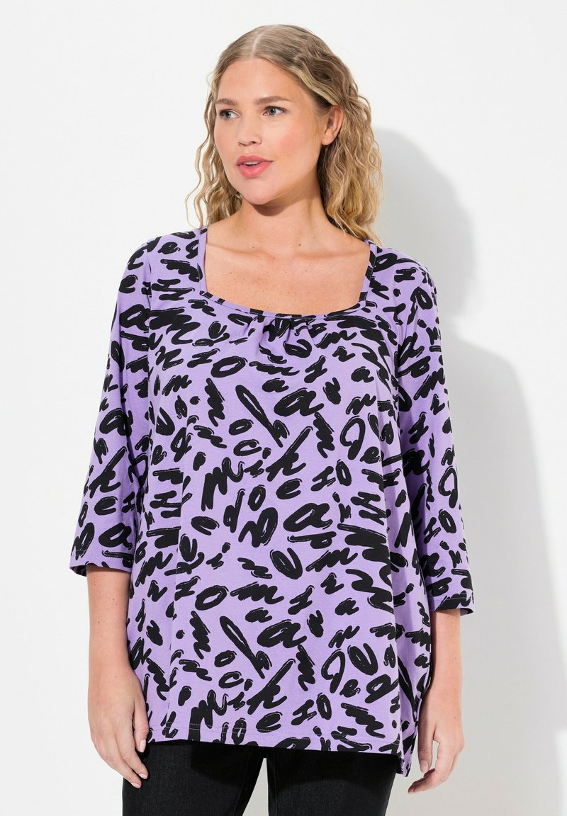 Ulla Popken SCRIBBLE SQUARE NECK 3/4 SLEEVE - Maglietta a manica lunga - pale lilac