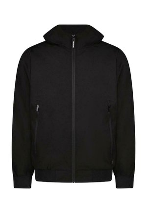 Zwarte zip-up jas met een hoge kraag, voorzien van twee zijzakken en ribbels aan de mouwen en onderkant. Soepele stof met een minimalistisch ontwerp.