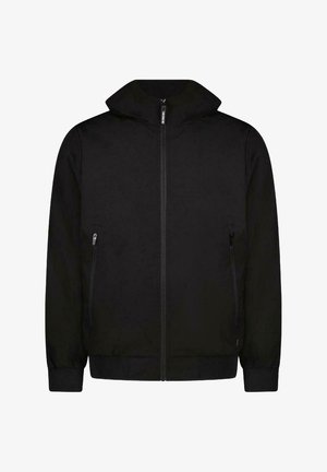 Zwarte zip-up jas met een hoge kraag, voorzien van twee zijzakken en ribbels aan de mouwen en onderkant. Soepele stof met een minimalistisch ontwerp.